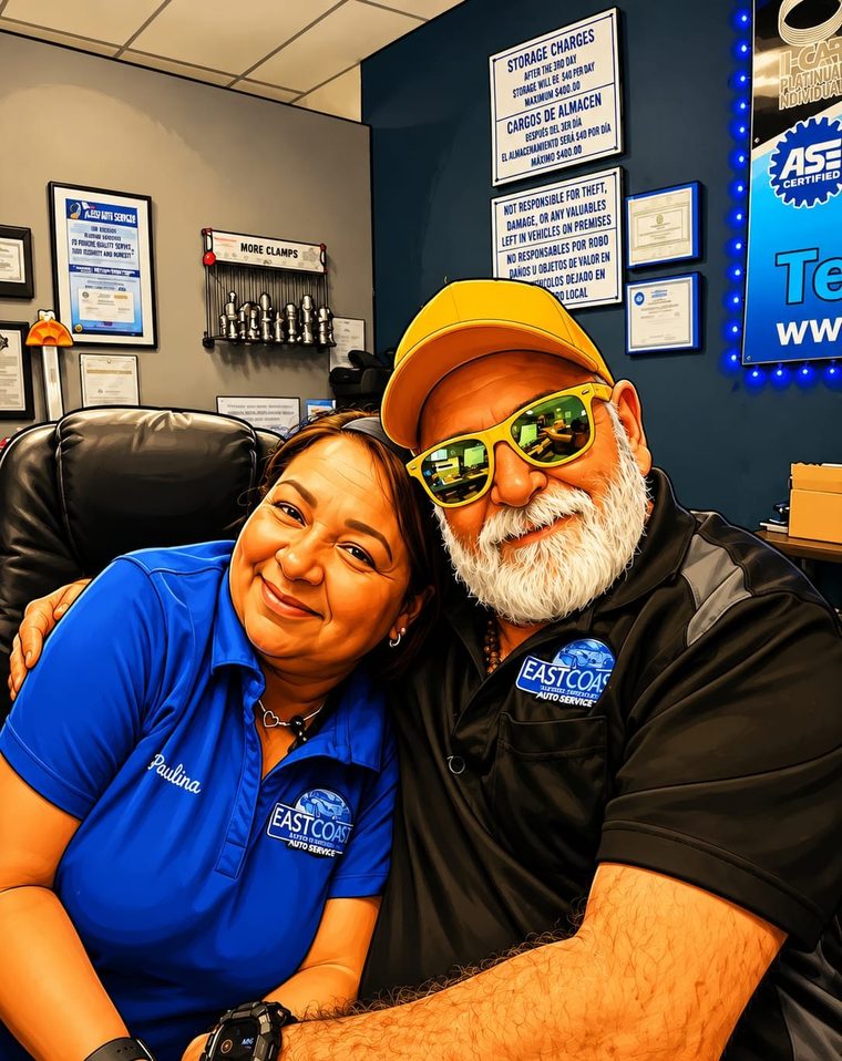 Paulina and the owner of East Coast Auto Service, a family run auto repair shop